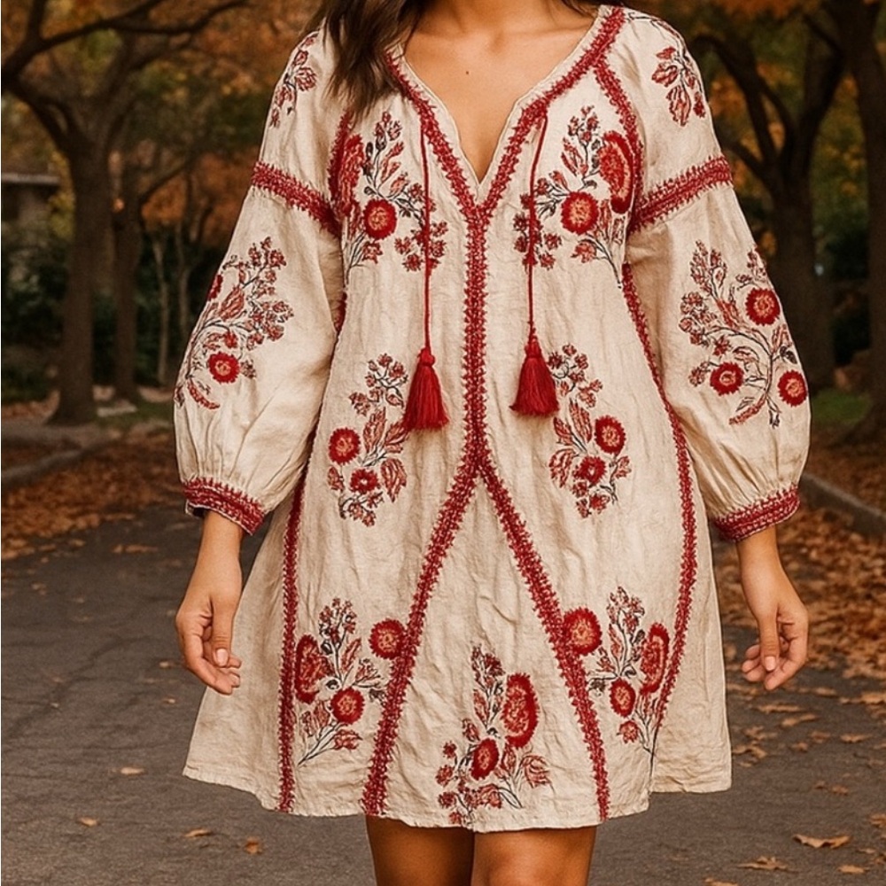 Anthropologie Ranna Gill HadleyEmbroidered Boho Dress Red Floral Design